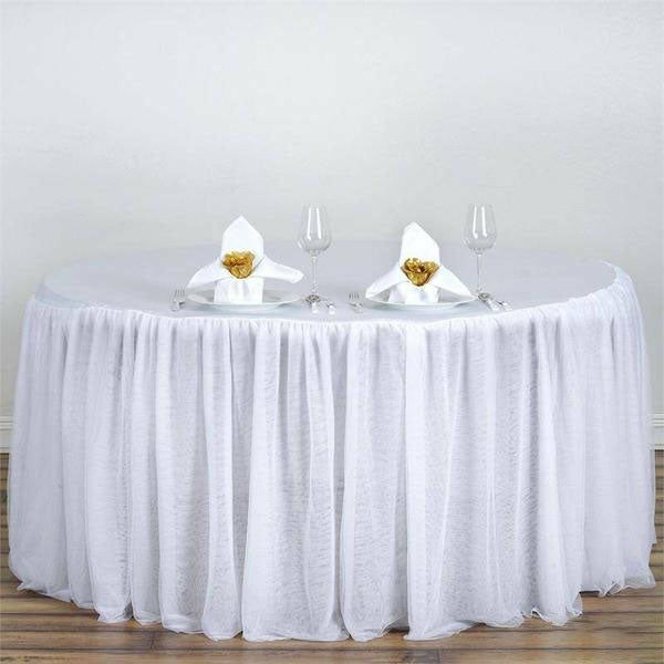 White 3 Layer Skirted Tablecloth, Fitted Tulle Tutu Satin Pleated Table Skirt 120″ Round for 5 Foot Table With Floor-Length Drop  |   Ruffled Tulle Ruffled Tulle Ruffled Tulle