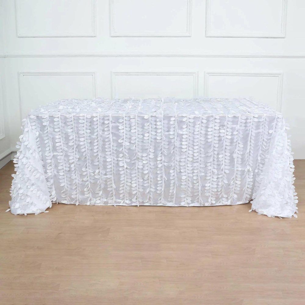 White 3D Leaf Petal Taffeta Fabric Seamless Rectangle Tablecloth 90″x132″ for 6 Foot Table With Floor-Length Drop  |   Pintuck, Crinkle & Leaf Pintuck, Crinkle & Leaf Pintuck, Crinkle & Leaf