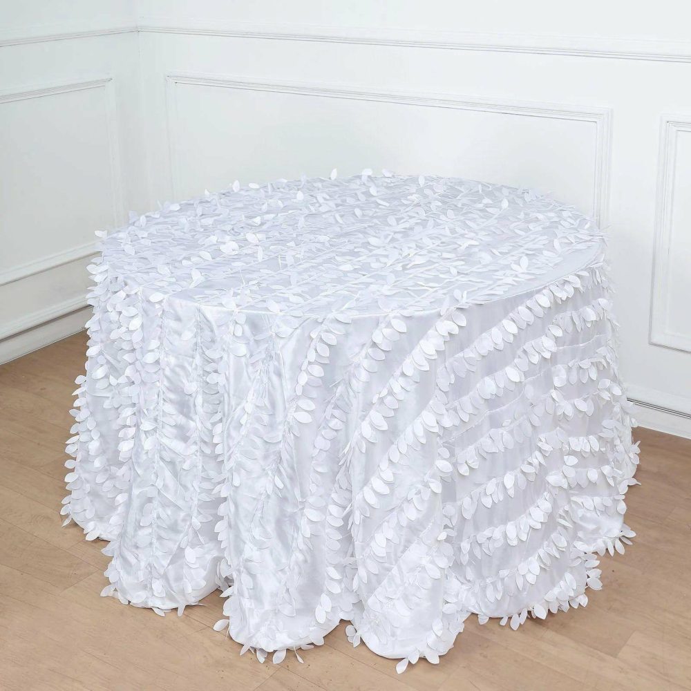 White 3D Leaf Petal Taffeta Fabric Seamless Round Tablecloth 132″ for 6 Foot Table With Floor-Length Drop  |   Pintuck, Crinkle & Leaf Pintuck, Crinkle & Leaf Pintuck, Crinkle & Leaf