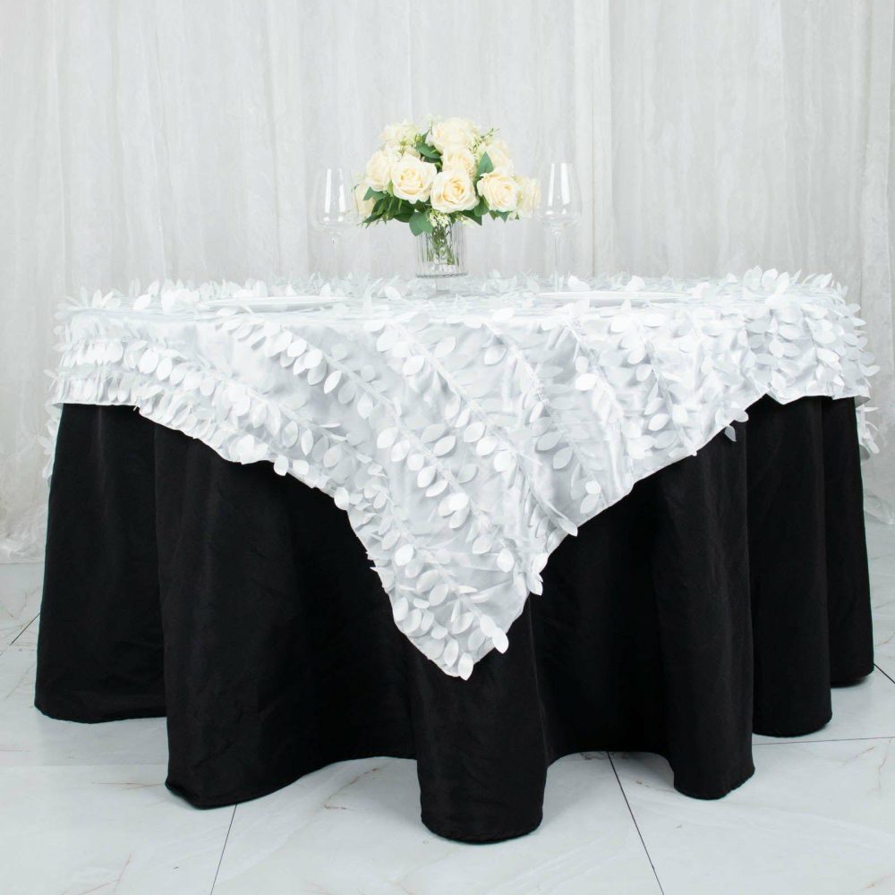 White 3D Leaf Petal Taffeta Fabric Table Overlay 72″x72″  |   Satin & Taffeta Satin & Taffeta Satin & Taffeta