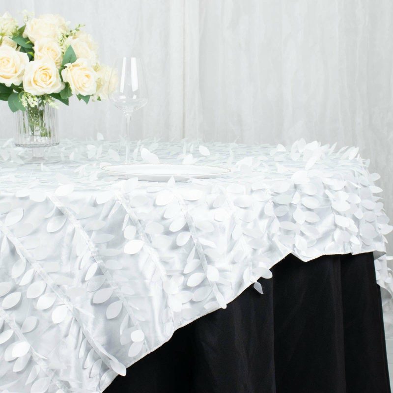 White 3D Leaf Petal Taffeta Fabric Table Overlay 72″x72″  |   Satin & Taffeta Satin & Taffeta Satin & Taffeta