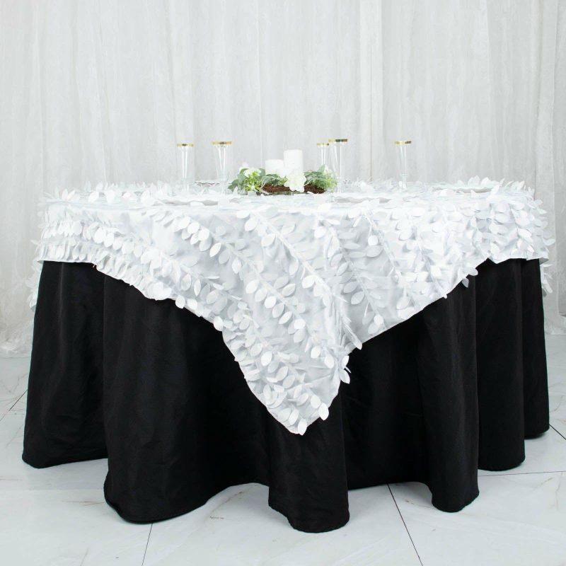 White 3D Leaf Petal Taffeta Fabric Table Overlay 72″x72″  |   Satin & Taffeta Satin & Taffeta Satin & Taffeta