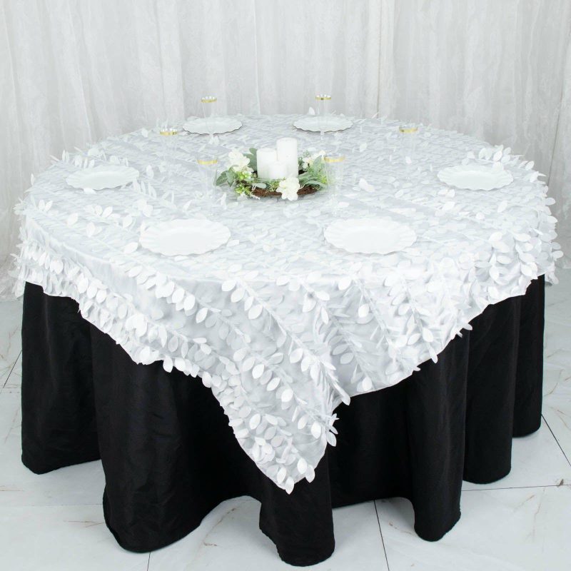 White 3D Leaf Petal Taffeta Fabric Table Overlay 72″x72″  |   Satin & Taffeta Satin & Taffeta Satin & Taffeta