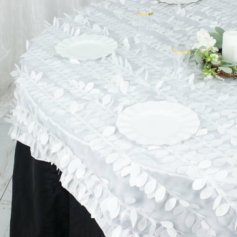 White 3D Leaf Petal Taffeta Fabric Table Overlay 72″x72″  |   Satin & Taffeta Satin & Taffeta Satin & Taffeta