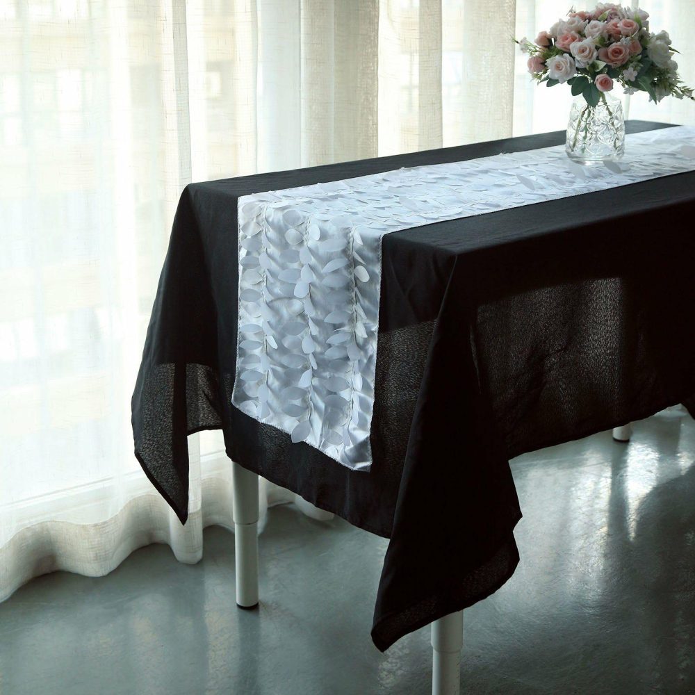 White 3D Leaf Petal Taffeta Fabric Table Runner 12″x108″  |   Stylish Stylish Stylish