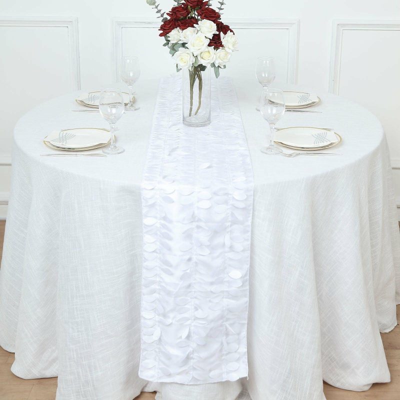 White 3D Leaf Petal Taffeta Fabric Table Runner 12″x108″  |   Stylish Stylish Stylish