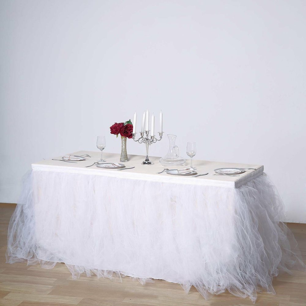 White 4 Layer Tulle Tutu Pleated Table Skirt 14ft  |   Ruffled Tulle Ruffled Tulle Ruffled Tulle