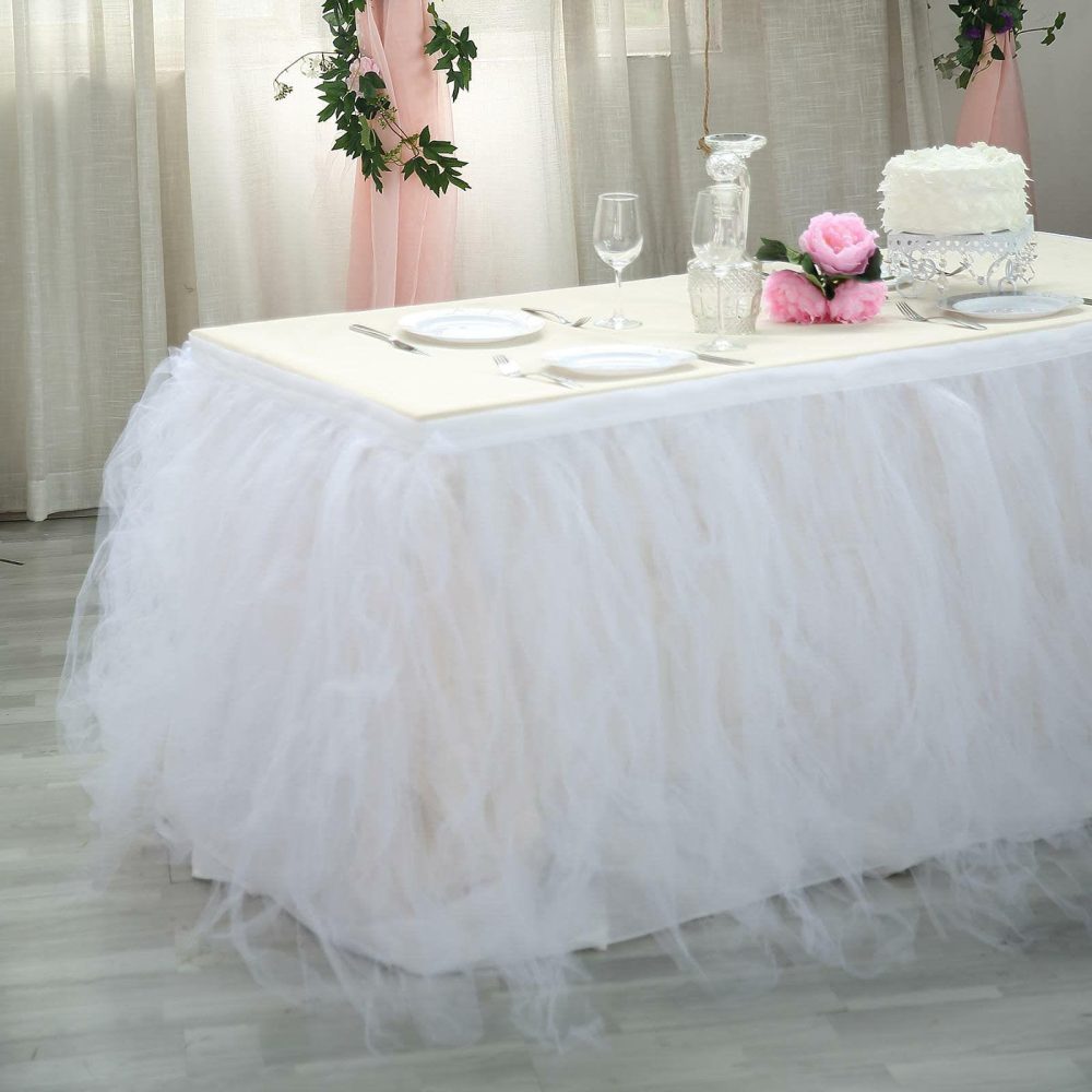 White 4 Layer Tulle Tutu Pleated Table Skirt 21ft  |   Ruffled Tulle Ruffled Tulle Ruffled Tulle