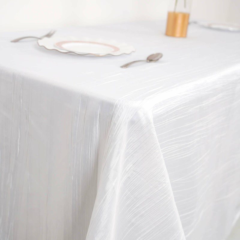 White Accordion Crinkle Taffeta Seamless Rectangular Tablecloth 90″x132″ for 6 Foot Table With Floor-Length Drop  |   Pintuck, Crinkle & Leaf Pintuck, Crinkle & Leaf Pintuck, Crinkle & Leaf