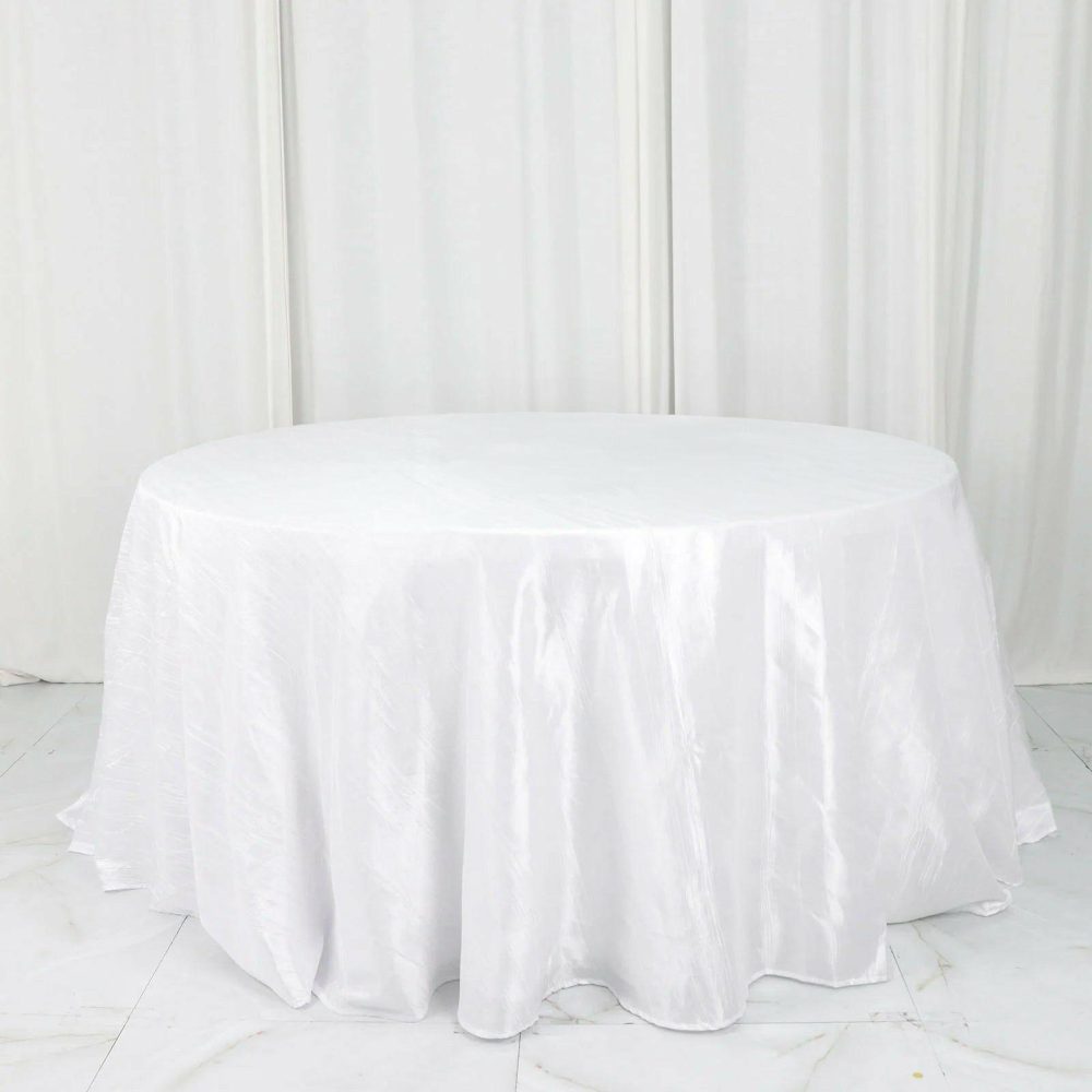 White Accordion Crinkle Taffeta Seamless Round Tablecloth 132″ for 6 Foot Table With Floor-Length Drop  |   Pintuck, Crinkle & Leaf Pintuck, Crinkle & Leaf Pintuck, Crinkle & Leaf