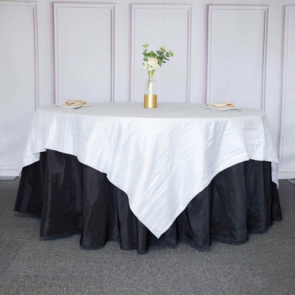 White Accordion Crinkle Taffeta Square Table Overlay 90″x90″  |   Satin & Taffeta Satin & Taffeta Satin & Taffeta