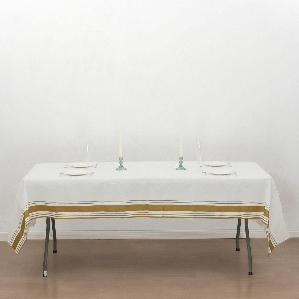 White Airlaid Paper Rectangular Tablecloth with Gold Striped Border, Soft Linen-feel Disposable Table Cover – 50″x108″  |   Disposable Tablecloth Disposable Tablecloth Disposable Tablecloth