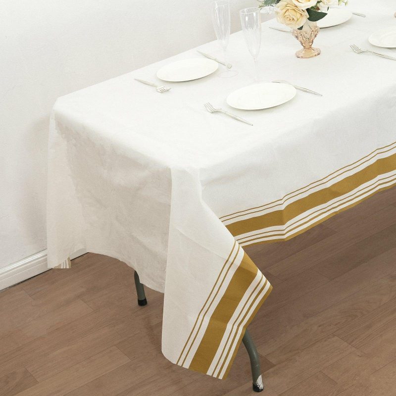 White Airlaid Paper Rectangular Tablecloth with Gold Striped Border, Soft Linen-feel Disposable Table Cover – 50″x108″  |   Disposable Tablecloth Disposable Tablecloth Disposable Tablecloth