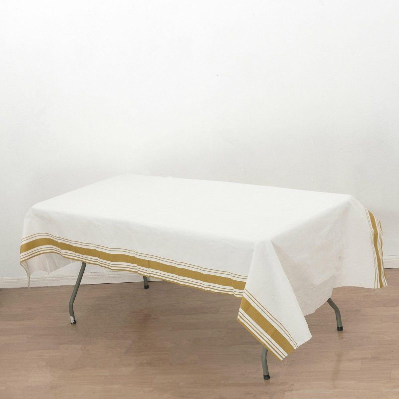 White Airlaid Paper Rectangular Tablecloth with Gold Striped Border, Soft Linen-feel Disposable Table Cover – 50″x108″  |   Disposable Tablecloth Disposable Tablecloth Disposable Tablecloth