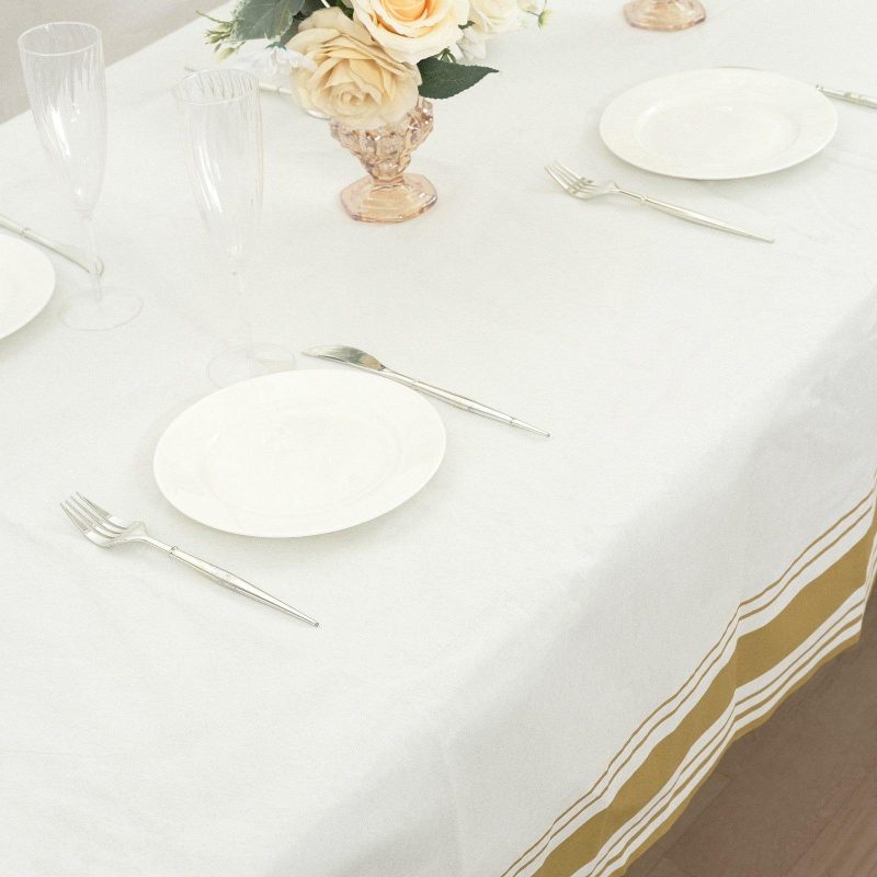 White Airlaid Paper Rectangular Tablecloth with Gold Striped Border, Soft Linen-feel Disposable Table Cover – 50″x108″  |   Disposable Tablecloth Disposable Tablecloth Disposable Tablecloth