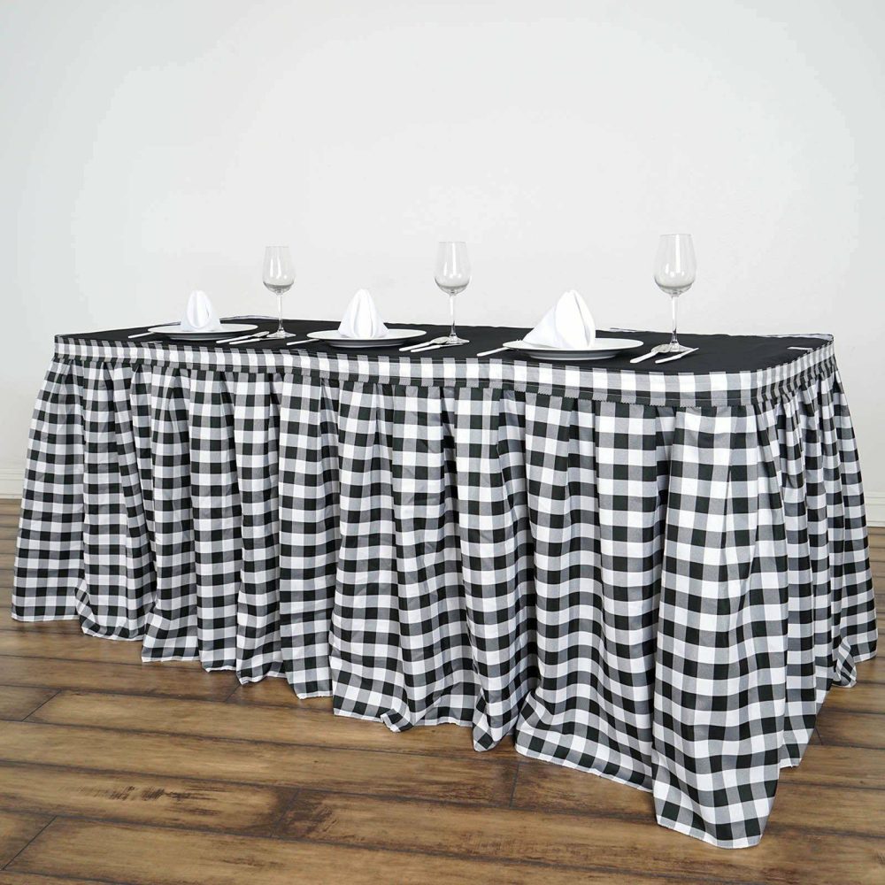 White / Black Checkered Polyester Table Skirt, Buffalo Plaid Gingham Table Skirt 14ft  |   Polyester Polyester Black/White