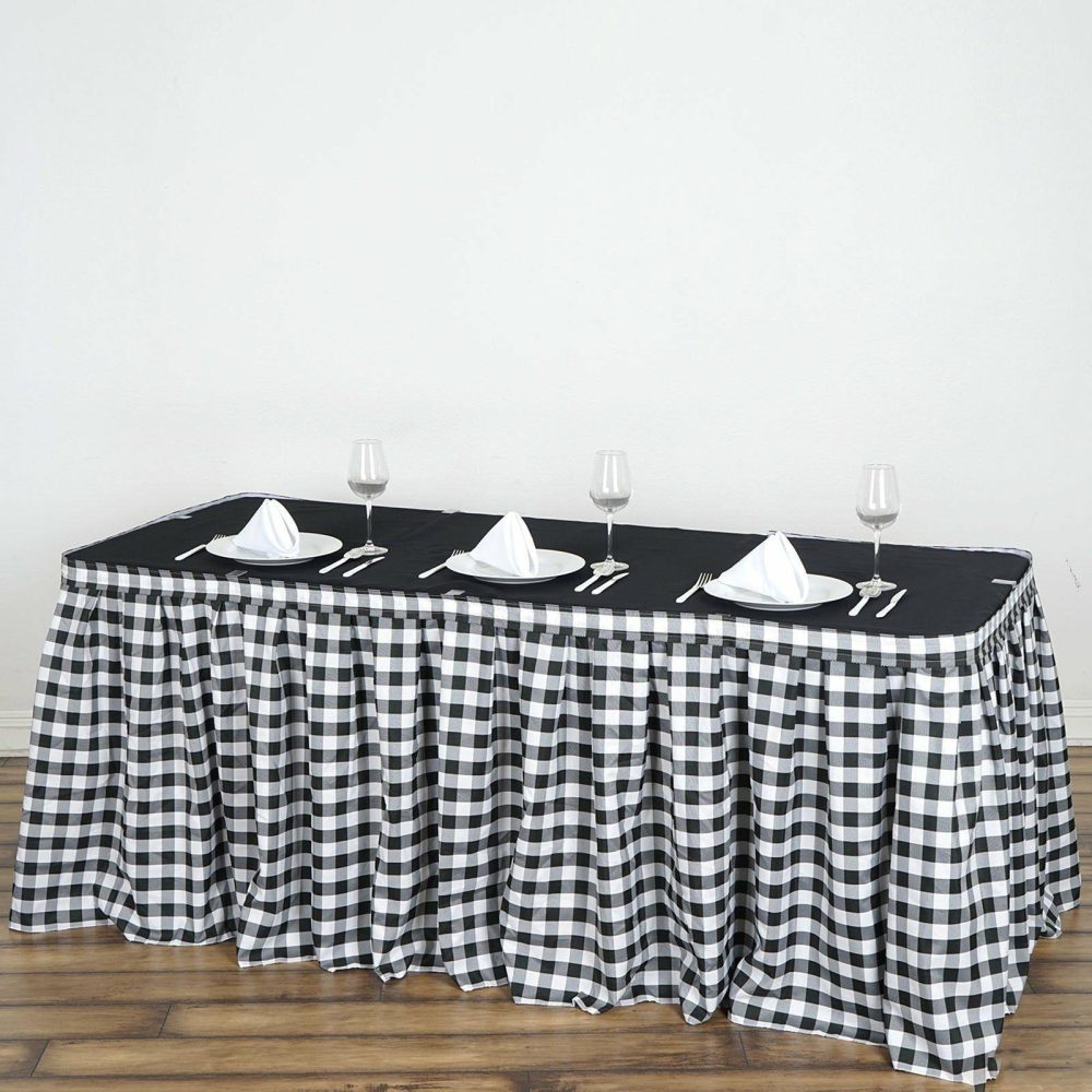 White / Black Checkered Polyester Table Skirt, Buffalo Plaid Gingham Table Skirt 17ft  |   Polyester Polyester Black/White