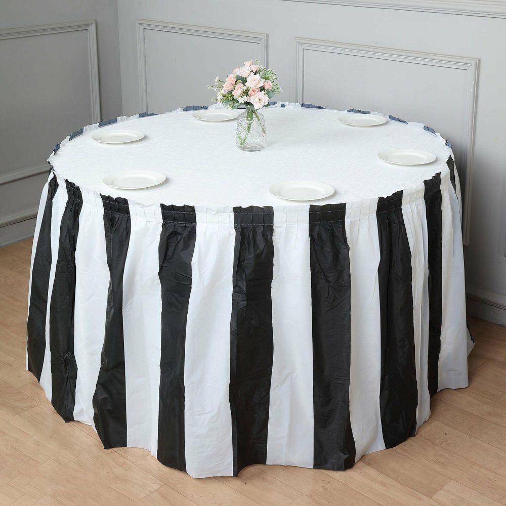 White / Black Stripe Plastic Table Skirt, Disposable Table Skirt Spill Proof 14ft 10 Mil  |   Disposable Tablecloth Disposable Tablecloth Disposable Tablecloth