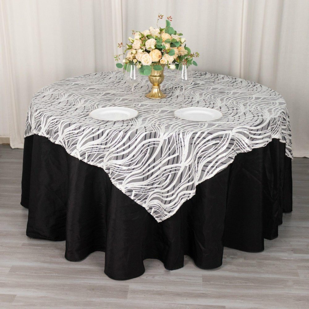 White Black Wave Mesh Square Table Overlay With Embroidered Sequins 72″x72″  |   Sequin Sequin Black