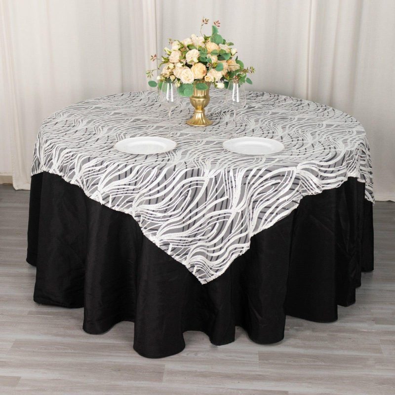 White Black Wave Mesh Square Table Overlay With Embroidered Sequins 72″x72″  |   Sequin Sequin Black