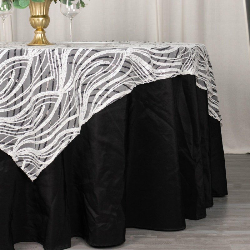 White Black Wave Mesh Square Table Overlay With Embroidered Sequins 72″x72″  |   Sequin Sequin Black