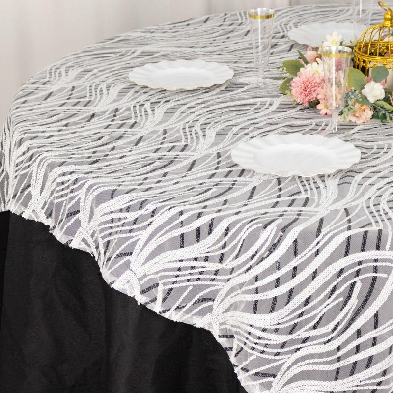 White Black Wave Mesh Square Table Overlay With Embroidered Sequins 72″x72″  |   Sequin Sequin Black