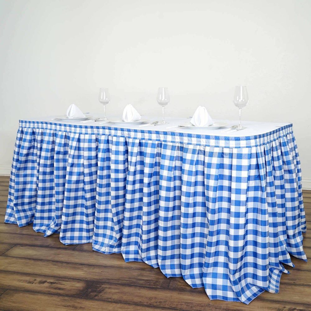 White / Blue Checkered Polyester Table Skirt, Buffalo Plaid Gingham Table Skirt 14ft  |   Polyester Polyester Blue/White