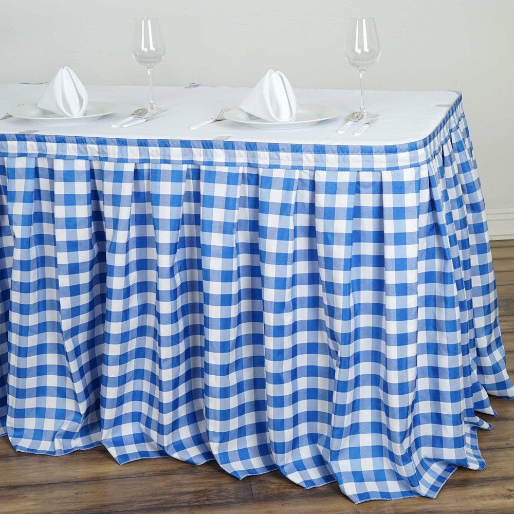 White / Blue Checkered Polyester Table Skirt, Buffalo Plaid Gingham Table Skirt 21ft  |   Polyester Polyester Blue/White