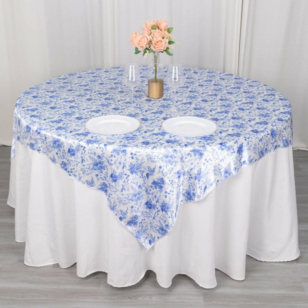 White Blue Chinoiserie Floral Print Satin Table Overlay, Square Tablecloth Topper 72″x72″  |   Satin & Taffeta Satin & Taffeta Satin & Taffeta