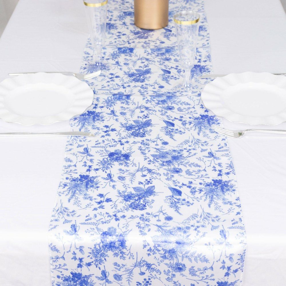 White Blue Chinoiserie Floral Print Satin Table Runner 12″x108″  |   Satin & Taffeta Satin & Taffeta Blue