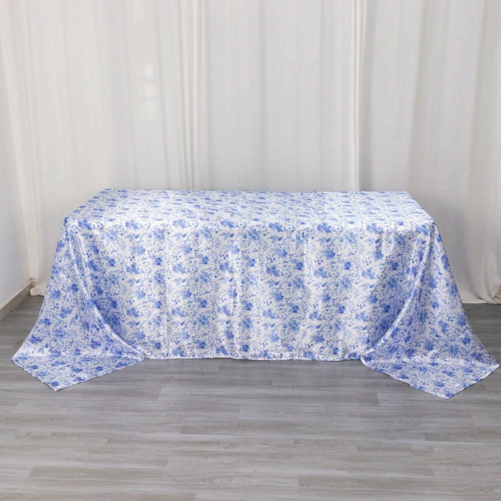 White Blue Chinoiserie Floral Print Seamless Satin Rectangular Tablecloth, Wrinkle Resistant Tablecloth 90″x132″ for 6 Foot Table With Floor-Length Drop  |   Satin Satin Satin