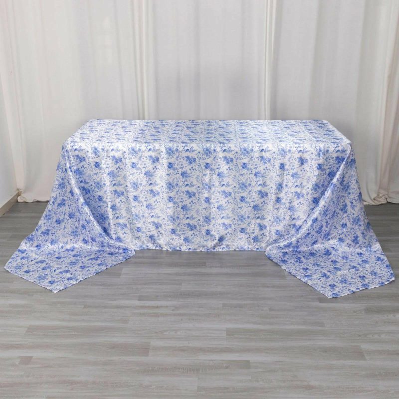 White Blue Chinoiserie Floral Print Seamless Satin Rectangular Tablecloth, Wrinkle Resistant Tablecloth 90″x156″ for 8 Foot Table With Floor-Length Drop  |   Satin Satin Blue