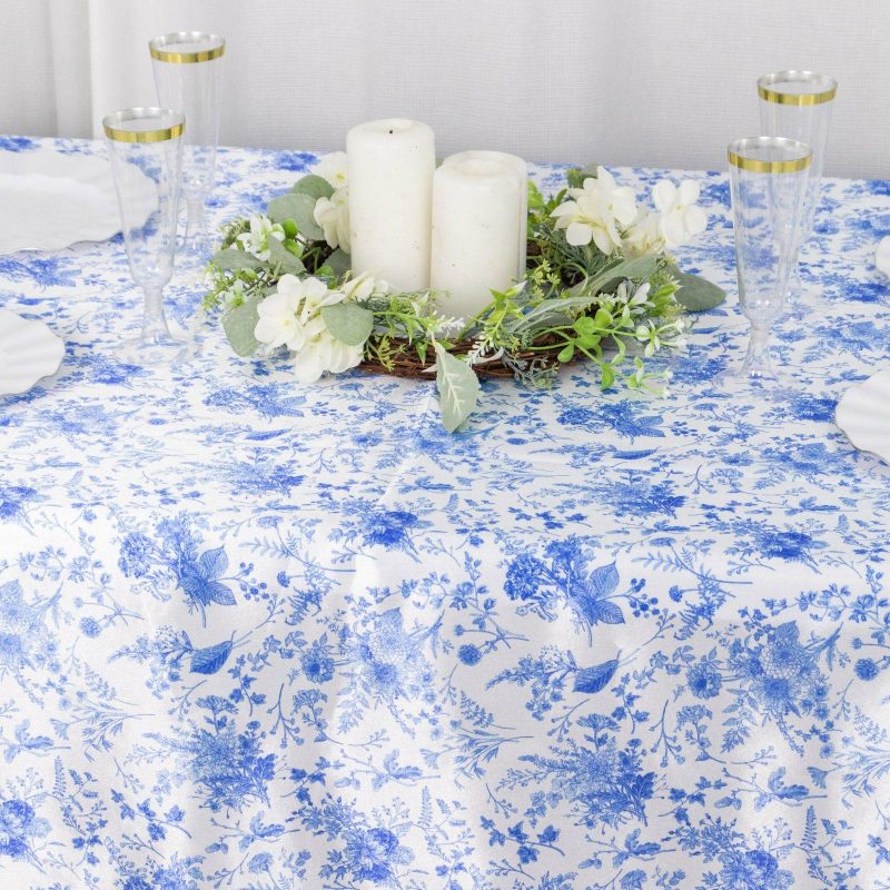 White Blue Chinoiserie Floral Print Seamless Satin Rectangular Tablecloth, Wrinkle Resistant Tablecloth 90″x156″ for 8 Foot Table With Floor-Length Drop  |   Satin Satin Blue