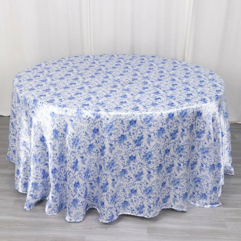 White Blue Chinoiserie Floral Print Seamless Satin Round Tablecloth, Wrinkle Resistant Tablecloth 120″ for 5 Foot Table With Floor-Length Drop  |   Satin Satin Blue