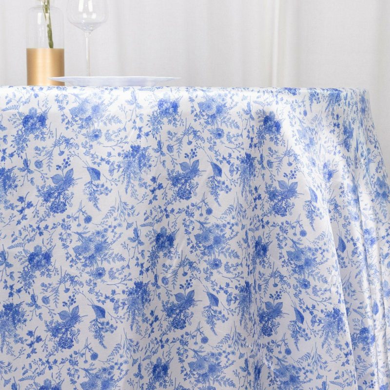 White Blue Chinoiserie Floral Print Seamless Satin Round Tablecloth, Wrinkle Resistant Tablecloth 120″ for 5 Foot Table With Floor-Length Drop  |   Satin Satin Blue