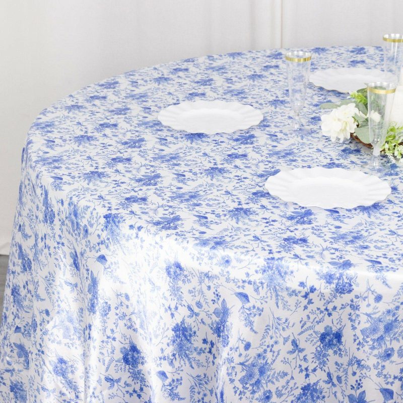 White Blue Chinoiserie Floral Print Seamless Satin Round Tablecloth, Wrinkle Resistant Tablecloth 120″ for 5 Foot Table With Floor-Length Drop  |   Satin Satin Blue