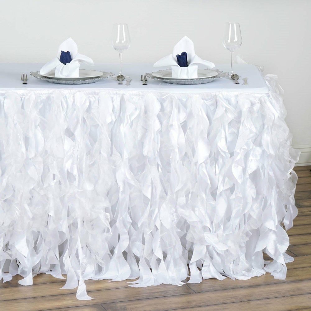 White Curly Willow Taffeta Table Skirt 14ft  |   Ruffled Tulle Ruffled Tulle Ruffled Tulle