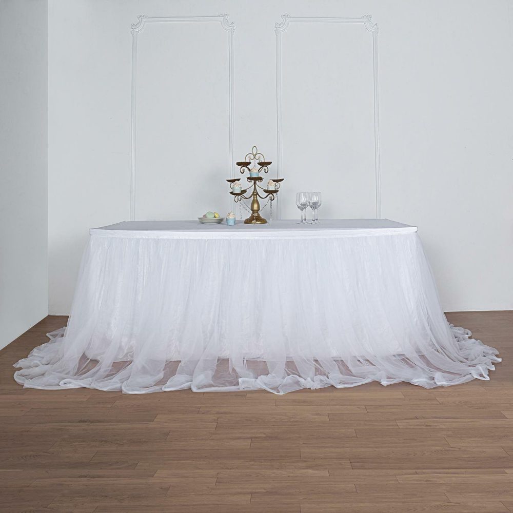 White Extra Long Two Layered Tulle and Satin Table Skirt 14ft 48″  |   Ruffled Tulle Ruffled Tulle Ruffled Tulle