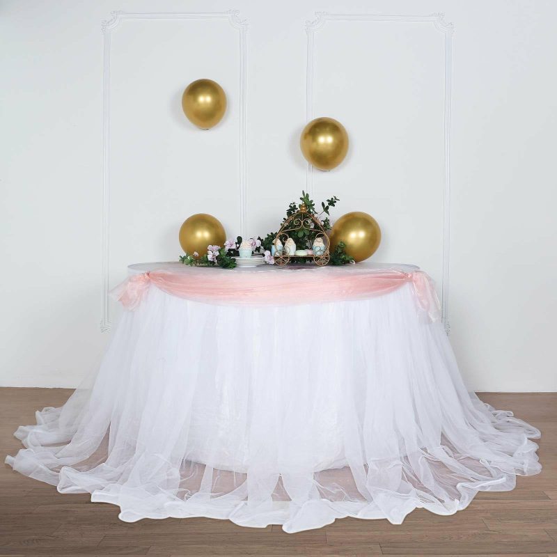 White Extra Long Two Layered Tulle and Satin Table Skirt 14ft 48″  |   Ruffled Tulle Ruffled Tulle Ruffled Tulle