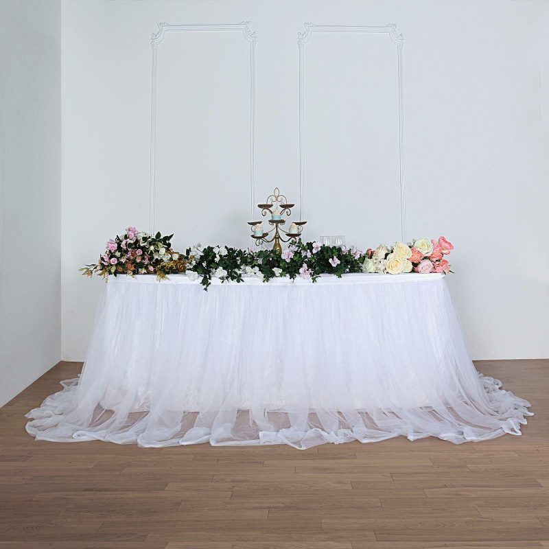 White Extra Long Two Layered Tulle and Satin Table Skirt 14ft 48″  |   Ruffled Tulle Ruffled Tulle Ruffled Tulle