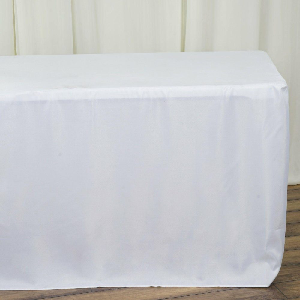 White Fitted Polyester Rectangle Tablecloth 8ft Table Cover For 96″x30″ Tables  |   Spandex & Fitted Spandex & Fitted Spandex & Fitted