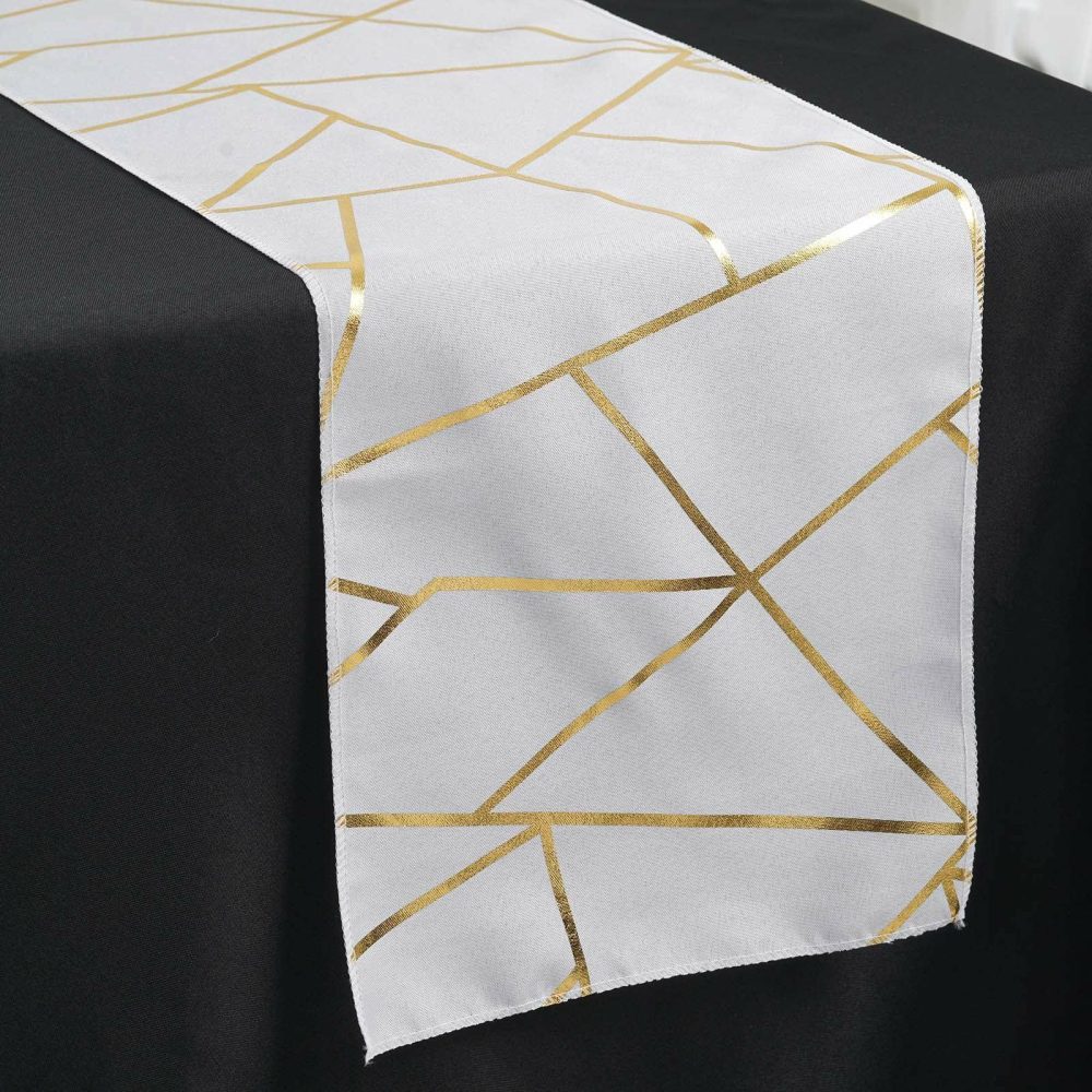 White / Gold Foil Geometric Pattern Polyester Table Runner 9ft  |   Polyester Polyester Polyester