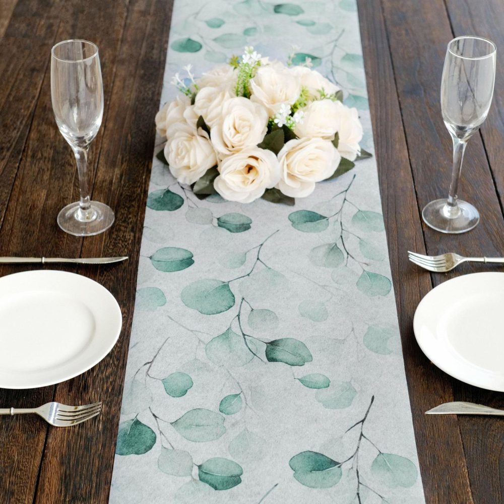 White Green Non-Woven Eucalyptus Leaf Print Table Runner, Spring Summer Kitchen Dining Table Decoration – 11″x108″  |   Stylish Stylish Eucalyptus Leaves Print