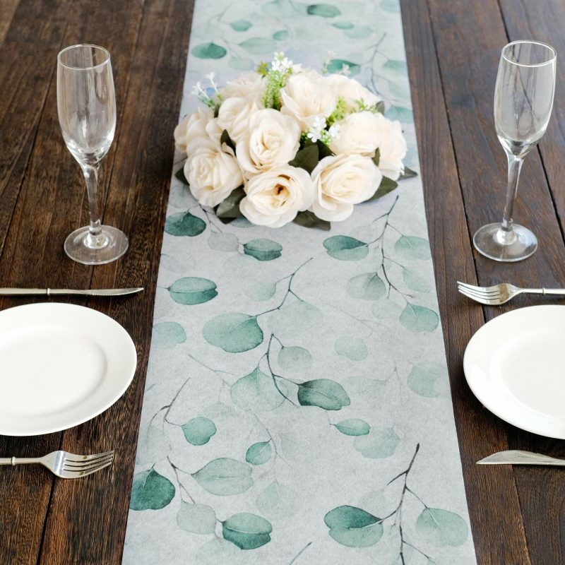 White Green Non-Woven Eucalyptus Leaf Print Table Runner, Spring Summer Kitchen Dining Table Decoration – 11″x108″  |   Stylish Stylish Eucalyptus Leaves Print