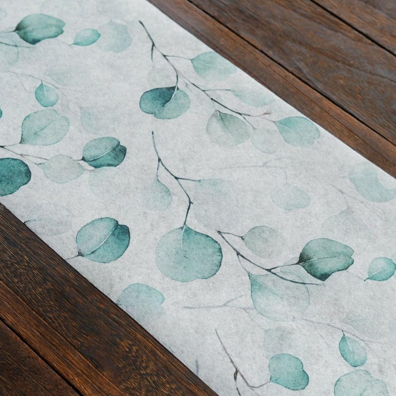 White Green Non-Woven Eucalyptus Leaf Print Table Runner, Spring Summer Kitchen Dining Table Decoration – 11″x108″  |   Stylish Stylish Eucalyptus Leaves Print