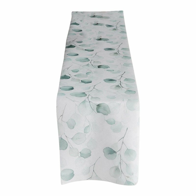 White Green Non-Woven Eucalyptus Leaf Print Table Runner, Spring Summer Kitchen Dining Table Decoration – 11″x108″  |   Stylish Stylish Eucalyptus Leaves Print