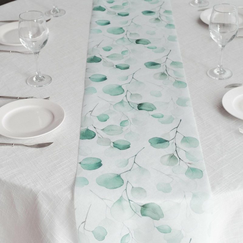 White Green Non-Woven Eucalyptus Leaf Print Table Runner, Spring Summer Kitchen Dining Table Decoration – 11″x108″  |   Stylish Stylish Eucalyptus Leaves Print