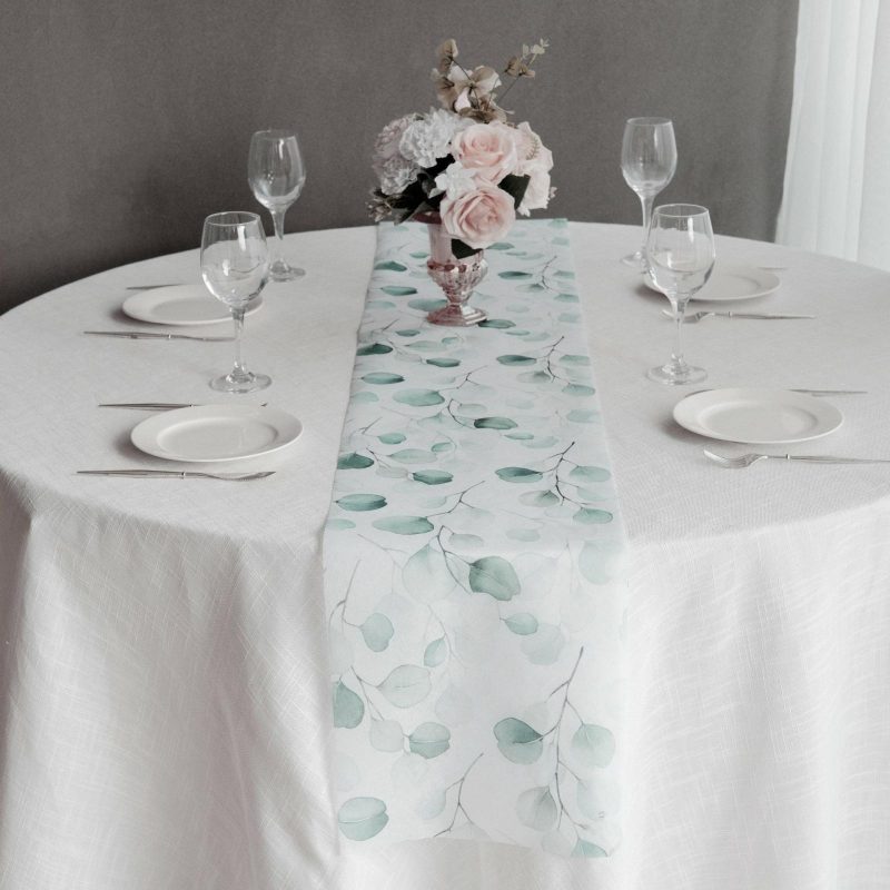 White Green Non-Woven Eucalyptus Leaf Print Table Runner, Spring Summer Kitchen Dining Table Decoration – 11″x108″  |   Stylish Stylish Eucalyptus Leaves Print