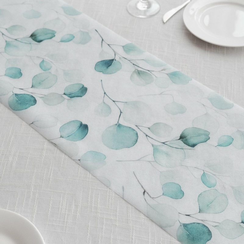 White Green Non-Woven Eucalyptus Leaf Print Table Runner, Spring Summer Kitchen Dining Table Decoration – 11″x108″  |   Stylish Stylish Eucalyptus Leaves Print