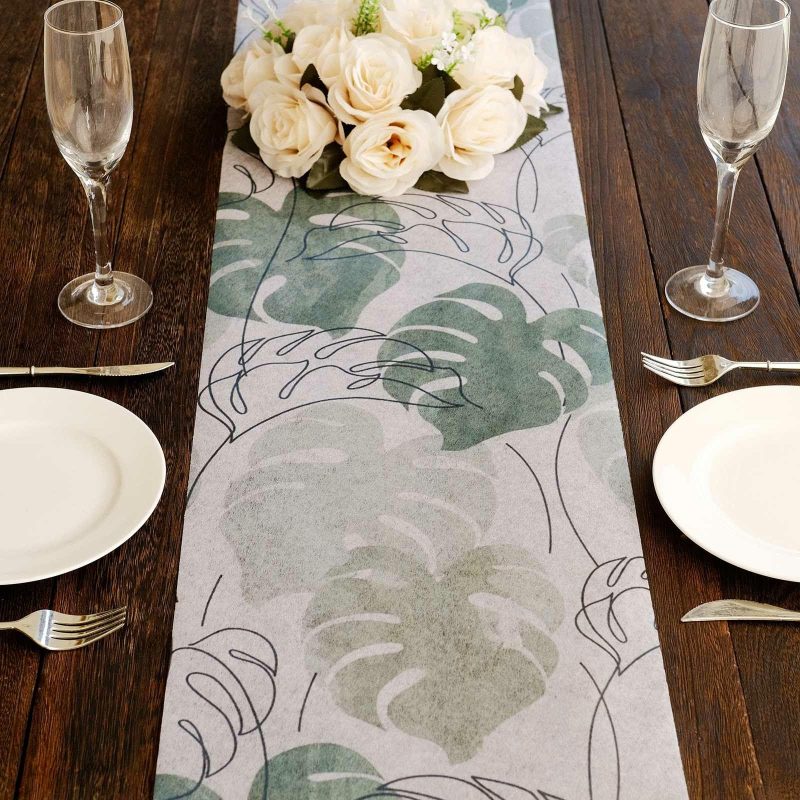 White Green Non-Woven Monstera Palm Leaf Print Table Runner, Spring Summer Kitchen Dining Table Decoration – 11″x108″  |   Stylish Stylish Monstera Palm Leaves Print